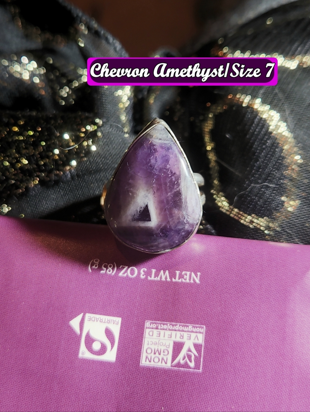 Size 7, Sterling Silver Teardrop Amethyst Ring - Purple